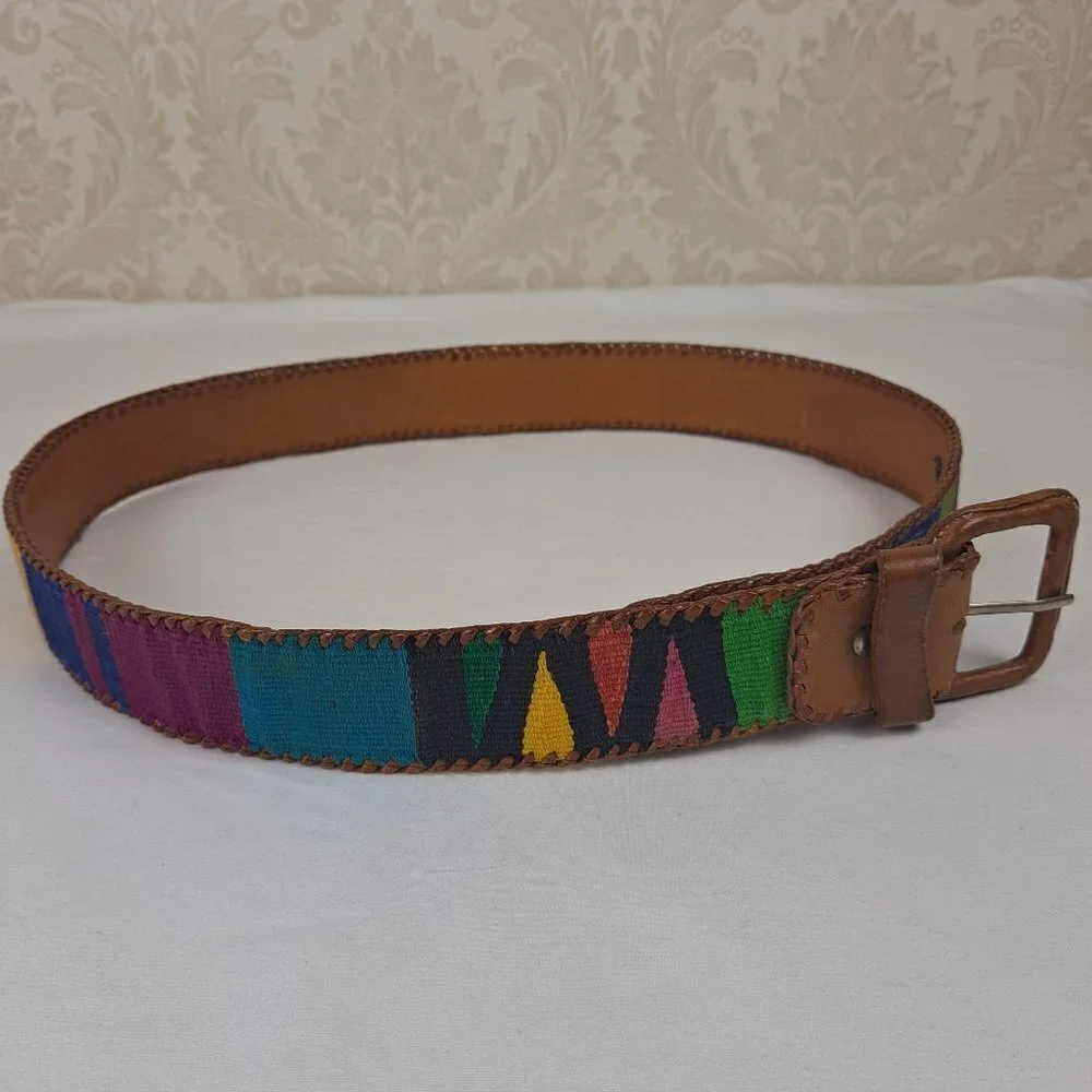Colorful Cotton and Leather Belt Size Large Colorblock Made in Guatemala